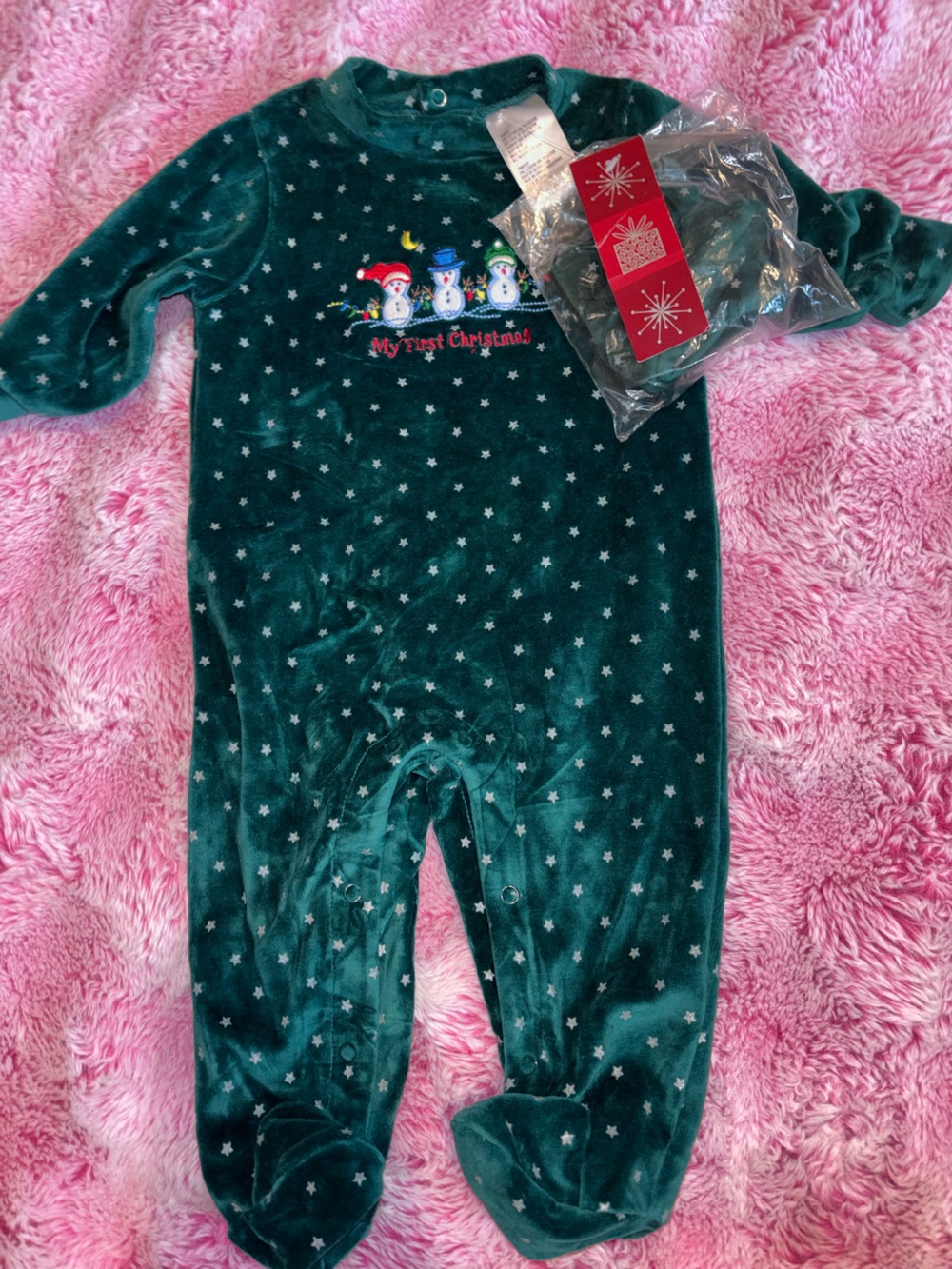 Plush Emerald Green 'My First Christmas' Baby Footie